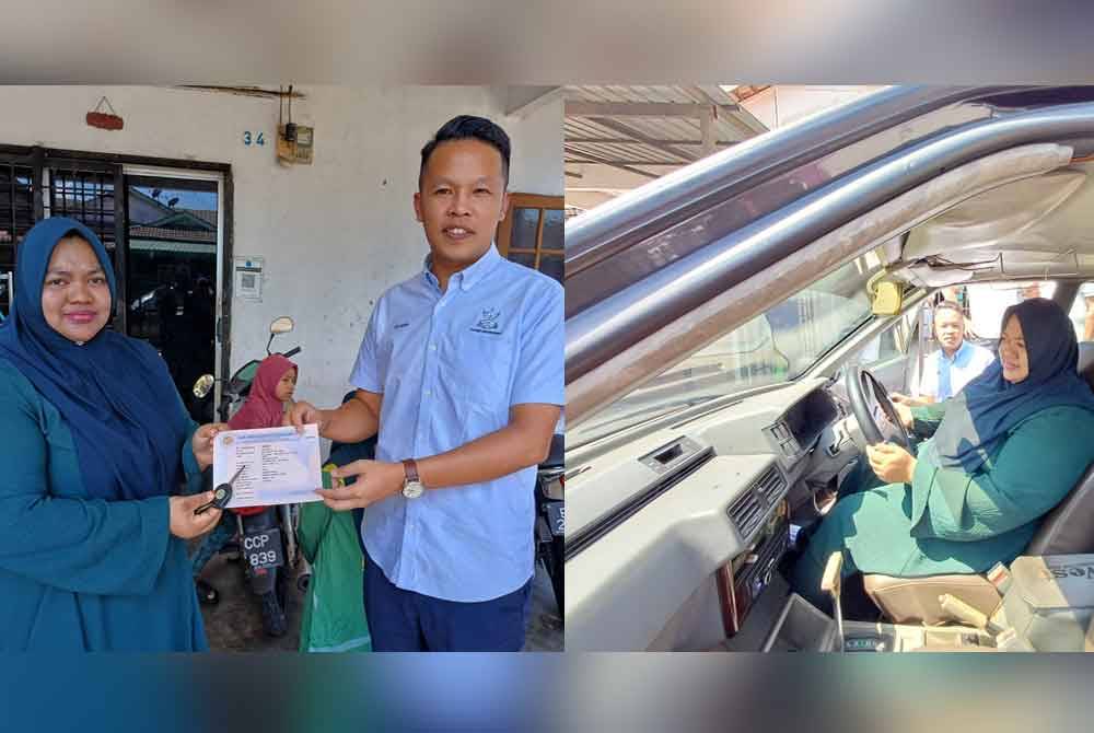 Neng Ayu (kiri) menerima geran pemilikan kenderaan daripada Chun Kuang