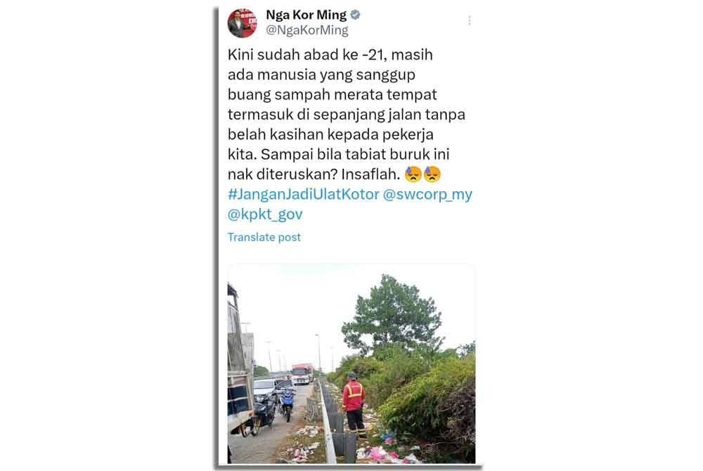 Hantaran Kor Ming menerusi aplikasi X mengenai kekesalannya terhadap segelintir individu yang membuang sampah di tepi jalan.