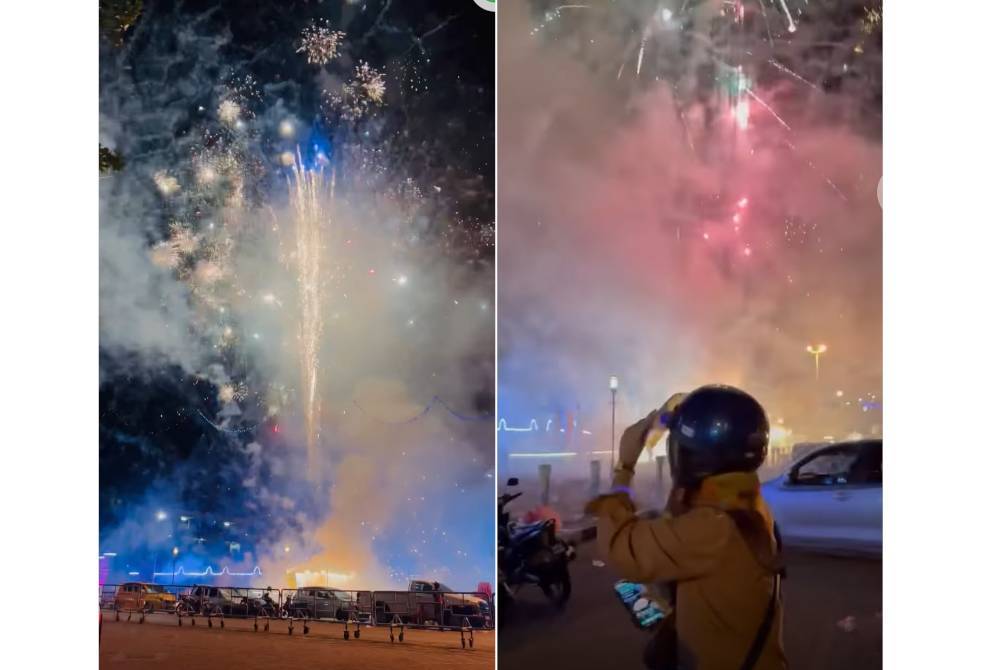 Tangkap layar video menunjukkan orang ramai menyelamatkan diri akibat terkejut dengan insiden pembakaran bunga api dan mercun secara besar-besaran di Dataran Zero Kilometer pada Selasa. Foto media sosial