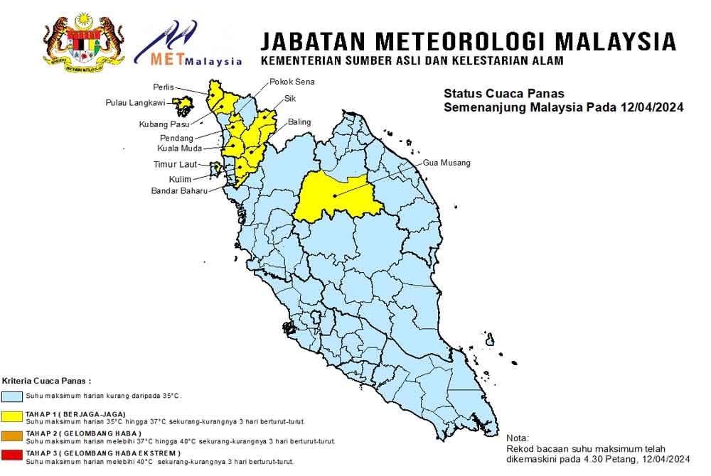 Amaran cuaca panas tahap berjaga-jaga di 12 kawasan Semenanjung Malaysia, Sabah dan Sarawak setakat jam 4.30 petang Jumaat.