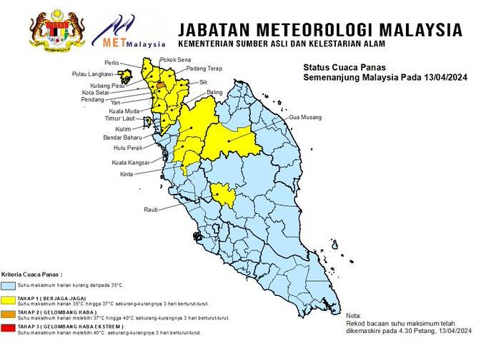 Amaran cuaca panas di Semenanjung Malaysia setakat jam 4.30 petang Sabtu.