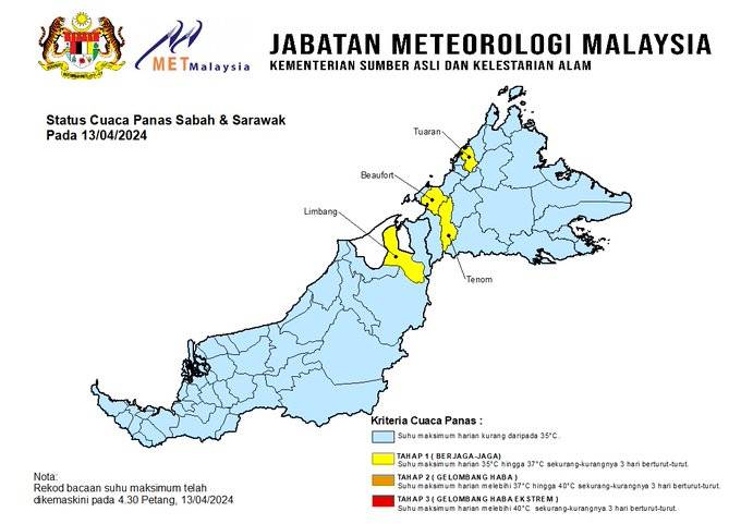 Amaran cuaca panas di Sabah dan Sarawak setakat jam 4.30 petang Sabtu.