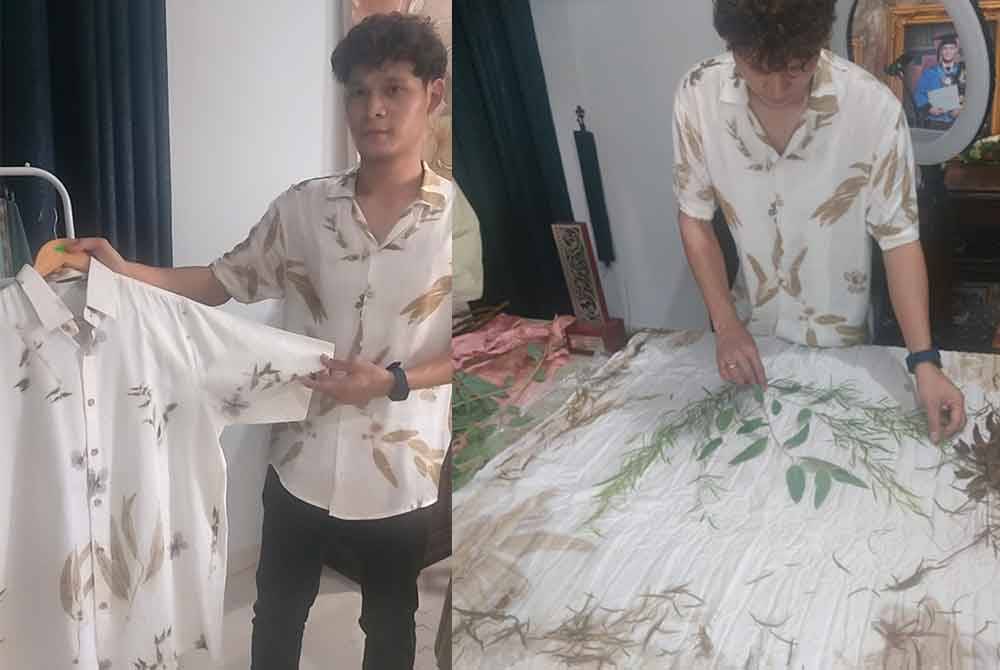 Batik ecoprint sesuai dijadikan kemeja yang cukup menarik dan unik (kiri). Daun disusun di atas kain sebelum digulung dan dikukus untuk mendapatkan warna dan corak batik secara semulajadi.