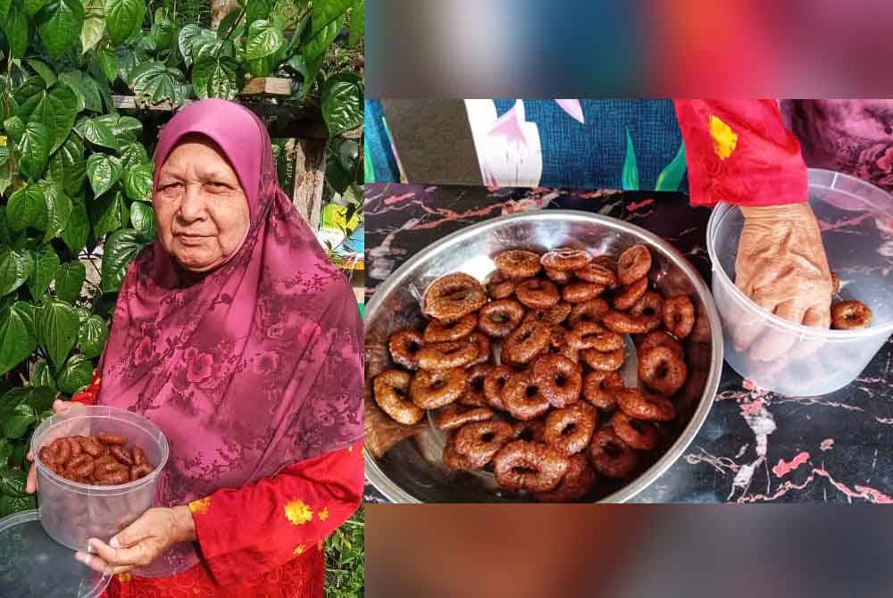 Che Su (kiri) menunjukkan kuih peneram hasil air tangannya. Peneram yang sudah siap digoreng akan disusun dalam bekas sebelum diserahkan kepada pelanggan.