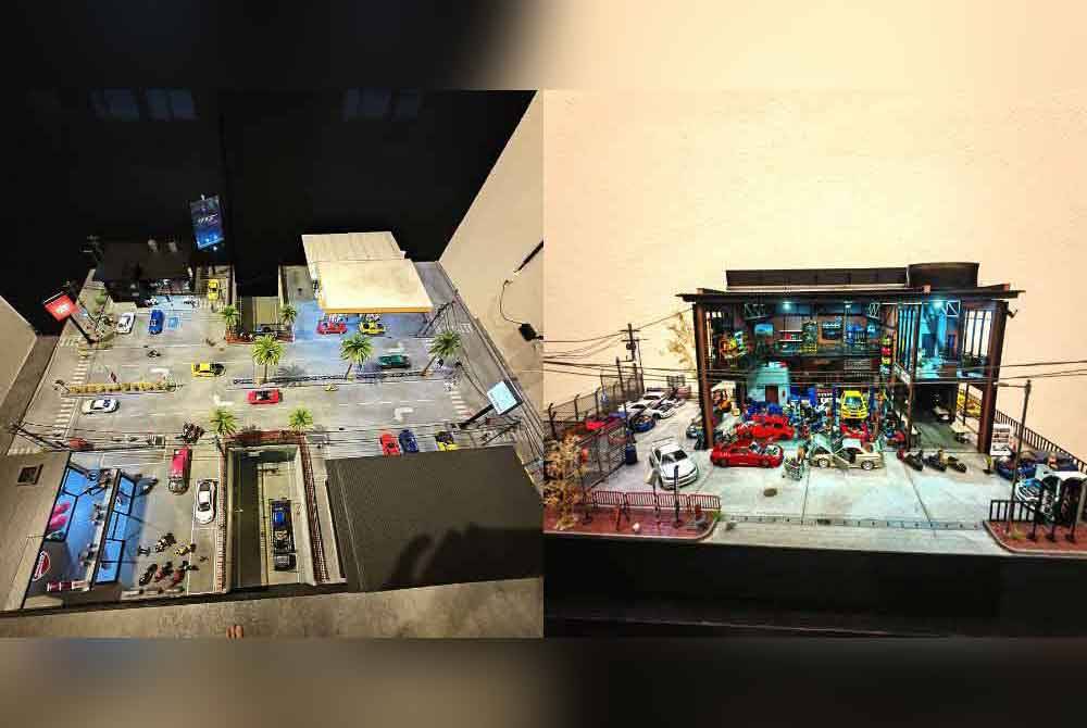 Miniatur diorama dalam bandar yang dihasilkan Muhammad Sharil pernah ditawarkan RM28,000 (kiri), Hasil karya seni miniatur diorama bengkel kereta yang dihasilkan Muhammad Sharil