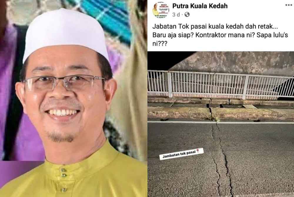 Mohamad Yusoff (kiri), Keretakan yang berlaku di Jambatan Tok Pasai, Kuala Kedah yang tular di media sosial.