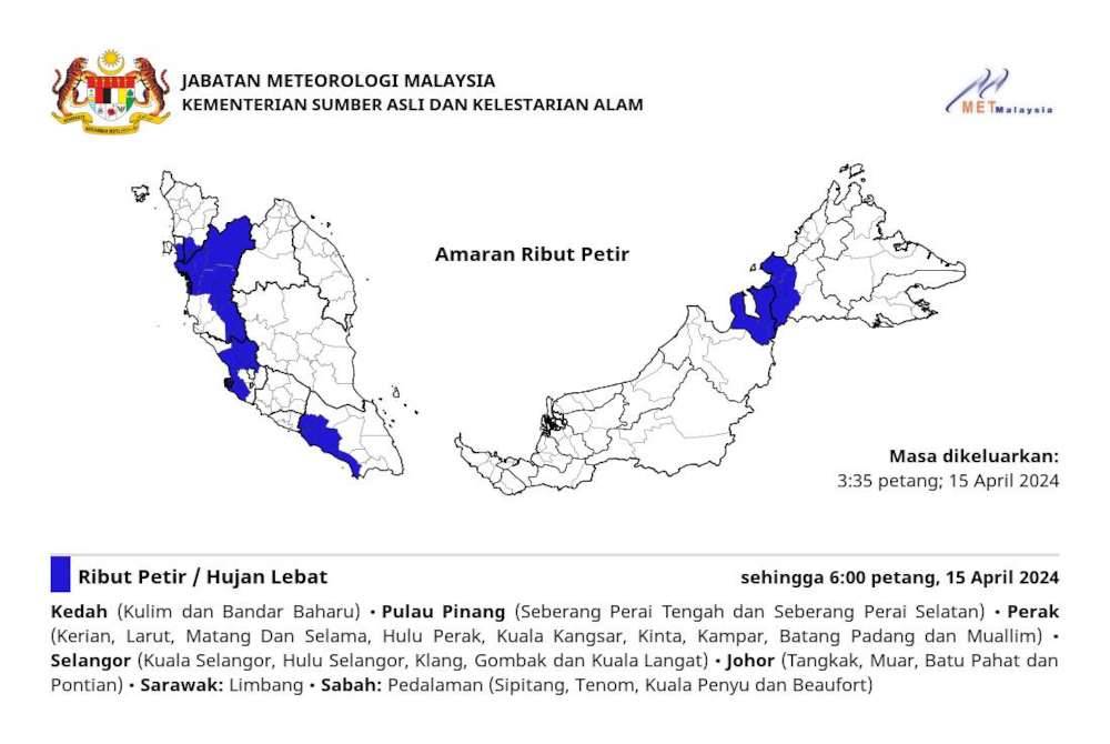 Tangkap layar kenyataan MetMalaysia menerusi Facebook pada Isnin.