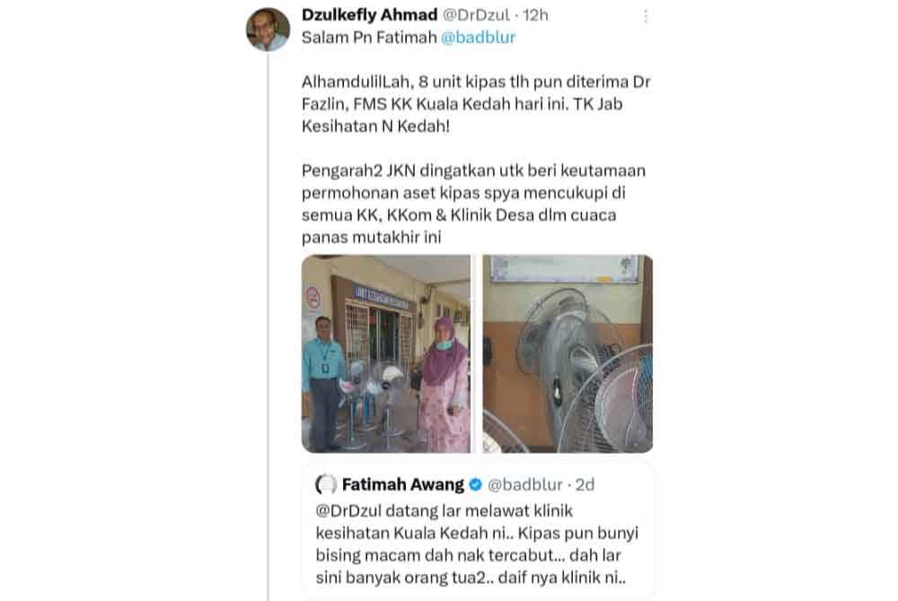 Menteri kesihatan menjawab aduan seorang pengguna mengenai kemudahan di Klinik Kesihatan Kuala Kedah di laman X.