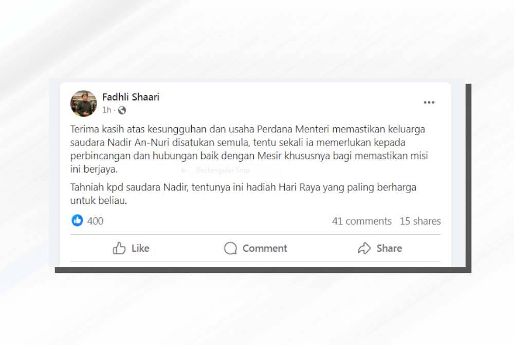 Tangkap layar hantaran Ahmad Fadhli di Facebook pada Selasa.