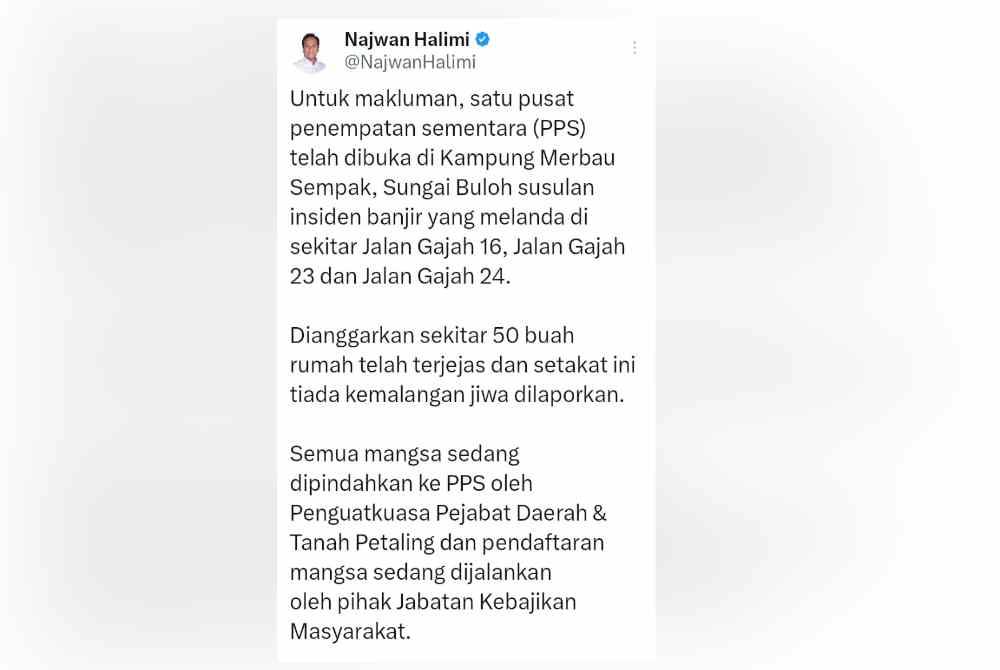 Tangkap layar hantaran Najwan di aplikasi X pada Selasa malam.