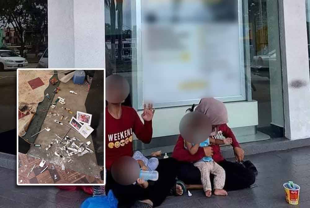 Penggangur tersebut bersama isteri dan dua anak dikatakan tidur di dalam kereta hadapan sebuah bank di Sungai Petani selama seminggu sebelum dibantu Madadcare. (Gambar kecil: Peralatan bagi tujuan hisap dadah yang ditemukan oleh pemilik rumah selepas sehari keluarga itu tinggal di rumah berkenaan.)