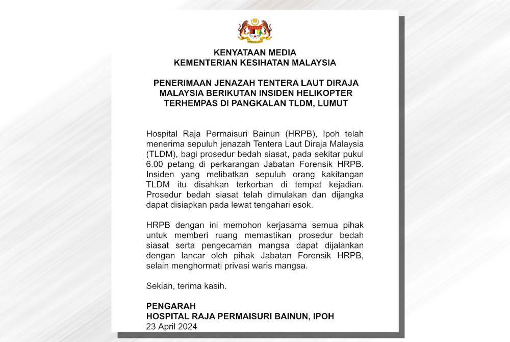 Kenyataan media HRPB mengenai proses bedah siasat mangsa nahas dua helikopter.