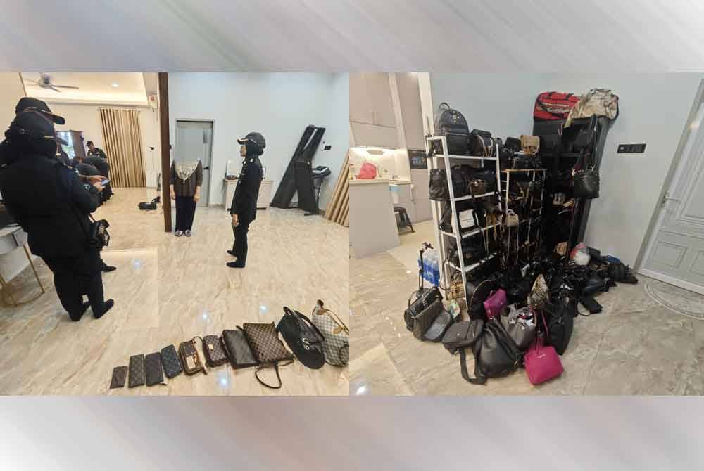 Anggota penguat kuasa KPDN Temerloh melakukan pemeriksaan ke atas rumah yang dijadikan pusat jualan dan stor bagi penyimpanan produk tiruan di Taman Keladan Baiduri di Temerloh pada Rabu.