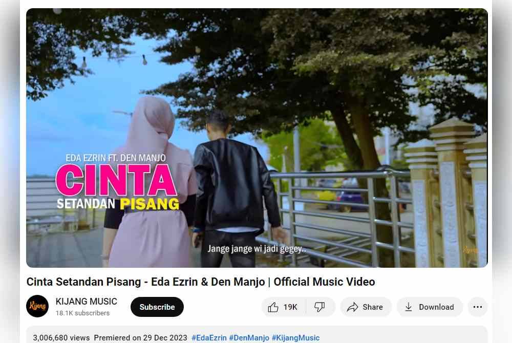 Setakat 4.30 petang Jumaat, muzik video Cinta Setandan Pisang sudah ditonton lebih 3 juta kali.
