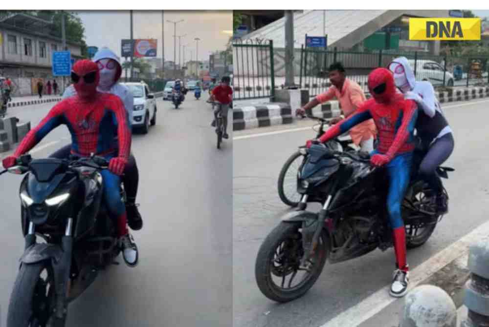 'Spiderman' dan 'Spiderwomen' India dicekup polis New Delhi kerana melakukan aksi berbahaya atas motosikal. Foto Agensi