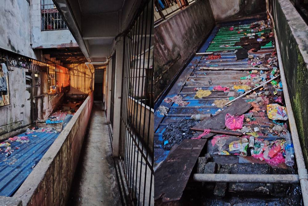 Keadaan penempatan warga asing di sebuah flat di Jalan Abraham, Kuala Lumpur yang kotor dengan longgokan sampah.