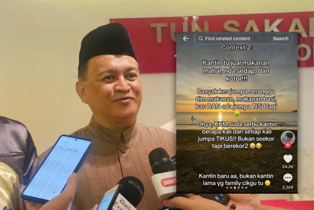 Mohd Arifin (dua dari kanan) ketika ditemui pemberita selepas menghadiri Majlis Sambutan Hari Raya Aidilfitri 2024 Persatuan Masyarakat Brunei Sabah (PMBS) di Kota Kinabalu. Gambar kanan: Tangkap layar membabitkan hantaran yang tular di media sosial melibatkan sebuah kantin sekolah menengah di Kota Kinabalu baru-baru ini didakwa menyediakan makanan tidak bersih dan basi.