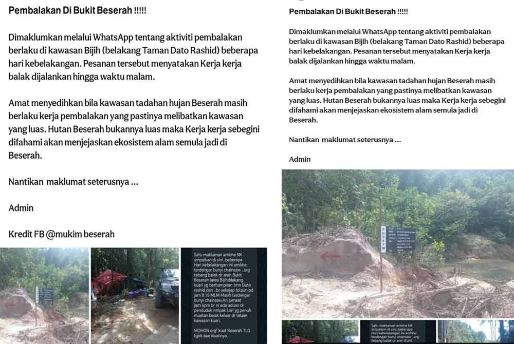 Tangkap layar pendedahan aktiviti pembalakan di halaman Facebook yang tular pada Selasa.