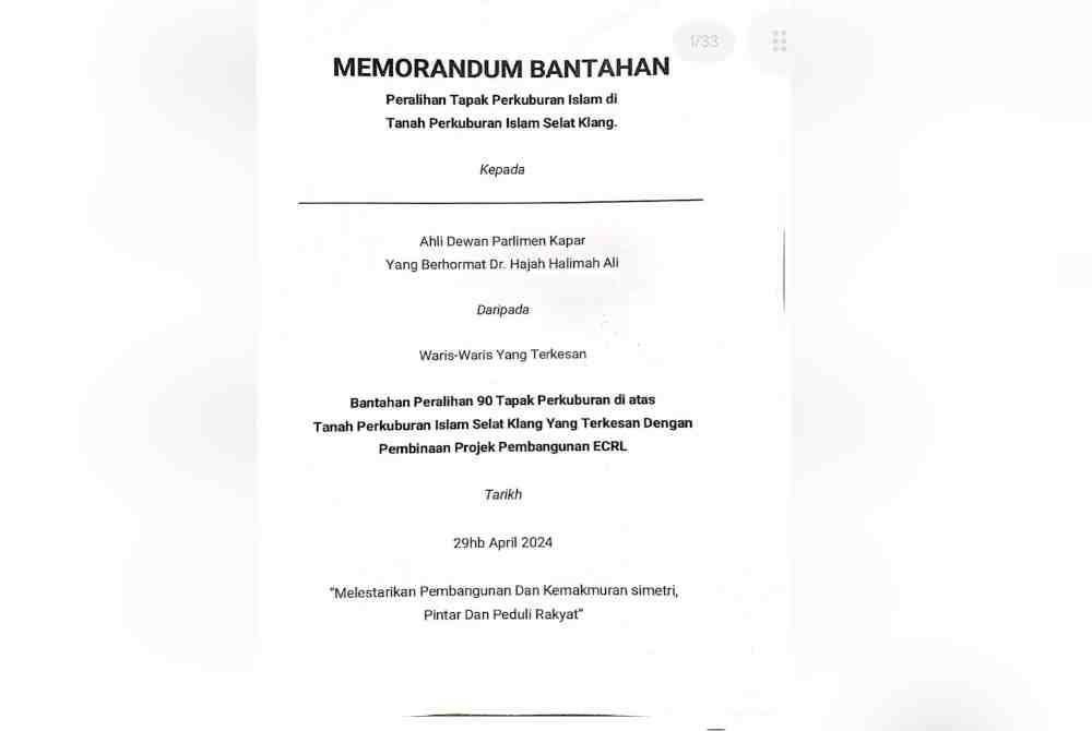 Memorandum bantahan mengenai pemindahan Tanah Perkuburan Islam Selat Klang bagi memberi laluan kepada projek ECRL.
