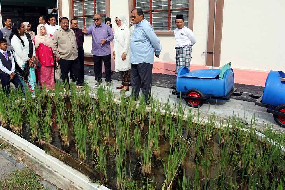 Pengerusi Jawatankuasa Pembangunan Luar Bandar, Perladangan, Pertanian dan Industri Makanan Perak Datuk Zolkafly Harun (empat, kanan) melihat petak sawah pada Majlis Tuaian Sulung Padi Dalam Sekolah di Sekolah Kebangsaan (SK) Rapat Setia hari ini.