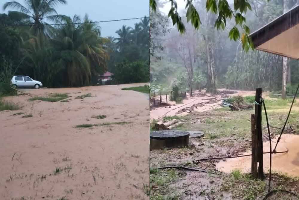 Kejadian hujan lebat dan lumpur berdekatan rumah penduduk yang didakwa berpunca daripada runtuhan tanah dan batu di Gunung Inas. Foto ihsan pembaca