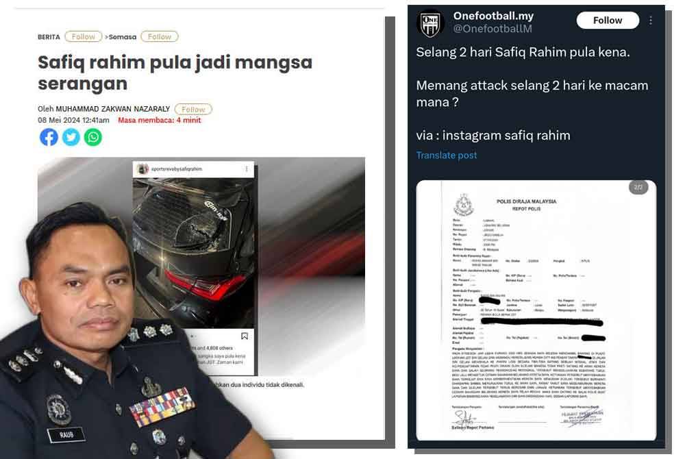 Laporan polis berhubung kejadian cermin kereta pemain tengah Johor Darul Ta'zim (JDT), Safiq Rahim yang dilaporkan dipecahkan di pusat latihan Johor Darul Ta'zim (JDT), di Jalan Sri Gelam, di Johor Bahru pada malam Selasa.