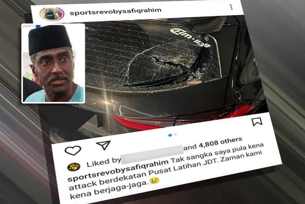 Cermin belakang kereta Safiq yang dipecahkan dua individu tidak dikenali. Gambar kecil: Kumar