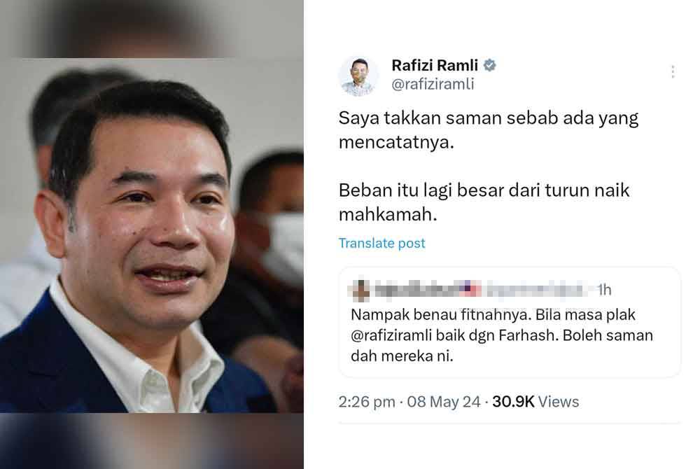Hantaran Rafizi di laman X menjawab saranan seorang pengguna yang menyarankan beliau untuk mengambil tindakan terhadap pemfitnah.