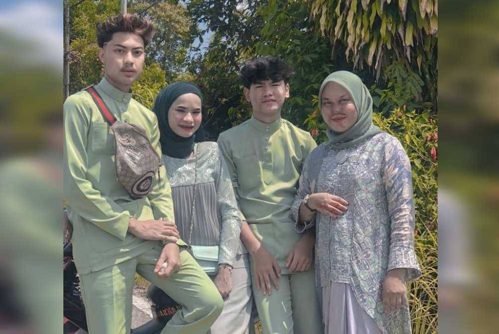 Nurul Dahyatul Fazlinda (kanan) bersama adiknya, Mohd Irfan (dua dari kanan) ketika Hari Raya Aidilfitri tahun lalu.