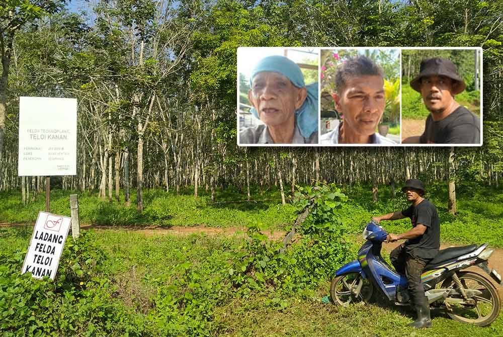 Keadaan Felda Teloi Kanan yang dikelilingi kebun getah berisiko sesat terutama membabitkan orang luar. Gambar kecil: Mansor, Yuznan dan Mohd Rosli.
