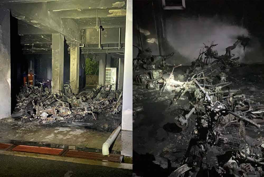 Keadaan motosikal yang musnah dalam kebakaran di kawasan parkir asrama lelaki UniMAP pada awal pagi Sabtu.