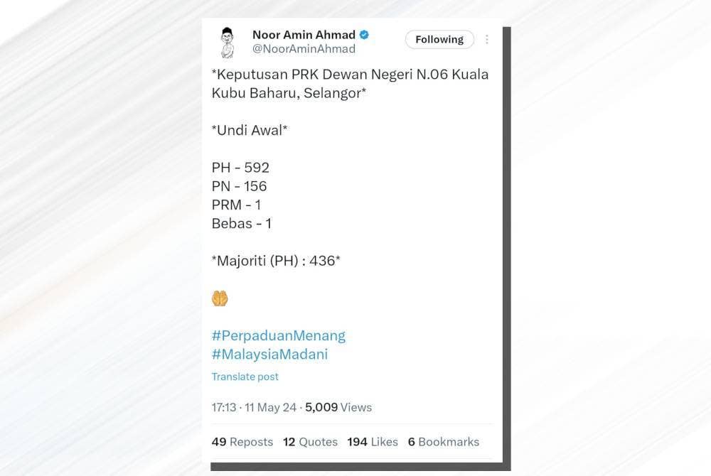 Akaun X milik Noor Amin memaklumkan keputusan tidak rasmi undian awal PRK Kuala Kubu Baharu pada Sabtu.