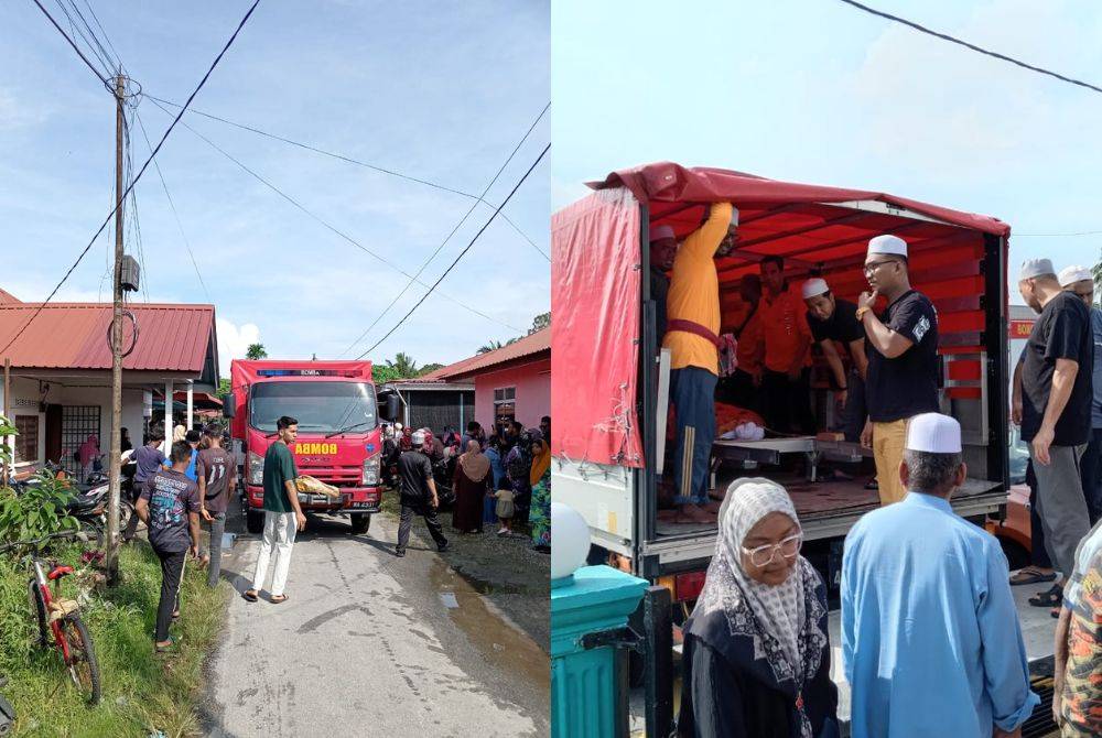 Penduduk kampung terpaksa menghubungi bomba untuk bantuan mengangkat dan membawa jenazah wanita warga emas tersebut ke tanah perkuburan. Gambar kanan: Jenazah wanita berkenaan dibawa ke tanah perkuburan menggunakan lori tiga tan.