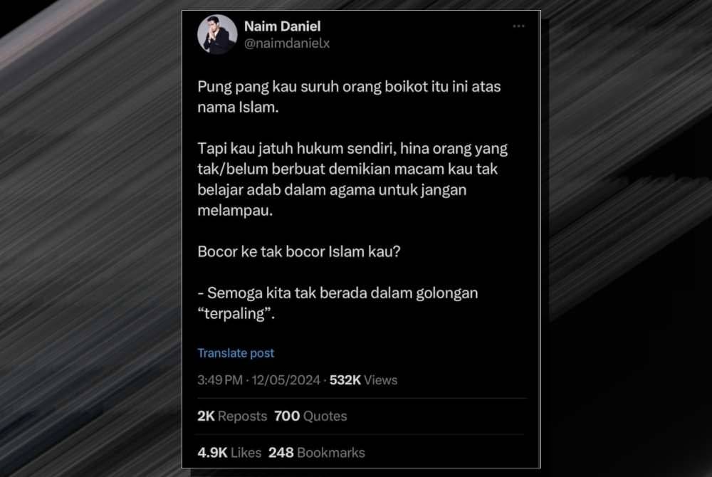Hantaran Naim Daniel di platform X sebelum penyanyi itu bertindak memadamnya selepas menerima kecaman.