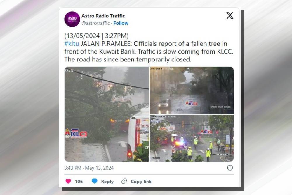 Tangkap layar laman X Trafik Radio Astro berhubung insiden berkenaan.