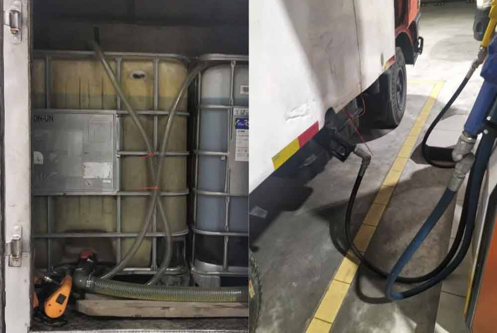 Keadaan lori yang diubah suai dengan tangki tambahan sebelum mengisi minyak diesel di beberapa stesen minyak.