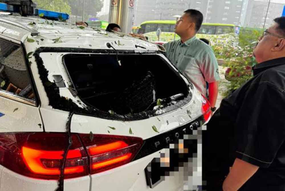 Pokok yang menghempap kenderaan pengiring menyebabkan cermin bekalang pecah dan bahagian belakang kenderaan jenis Proton X70 kemek - Foto media sosial