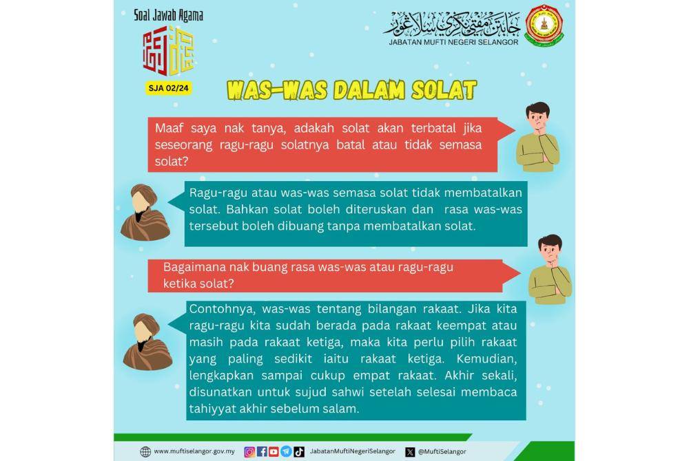 INFOGRAFIK tentang waswas ketika solat yang dikongsikan di laman sosial Facebook Jabatan Mufti Negeri Selangor.
