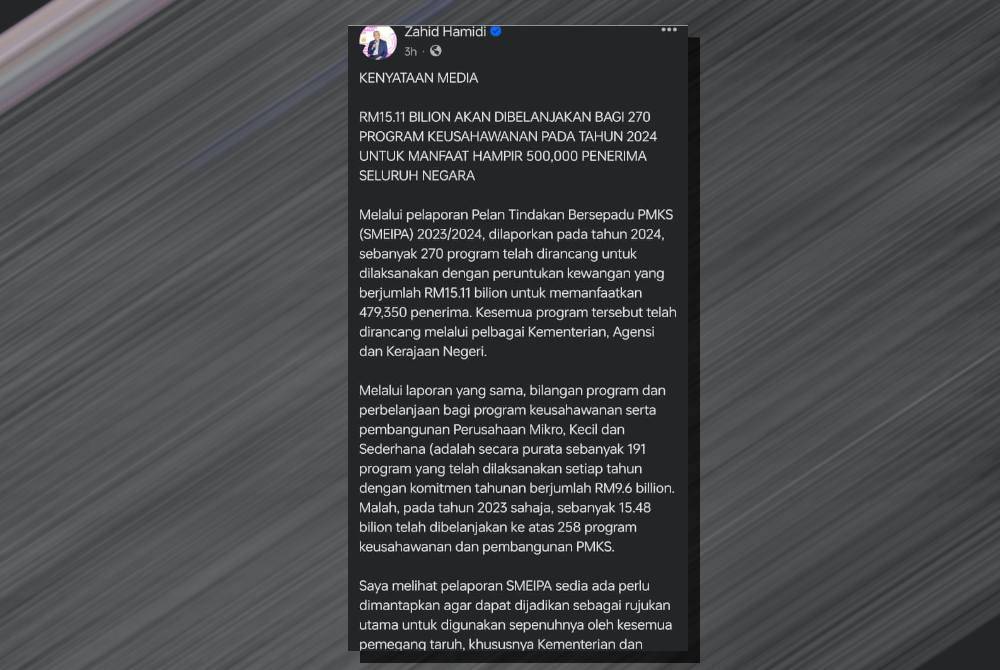 Tangkap layar hantaran Ahmad Zahid menerusi Facebook pada Selasa.