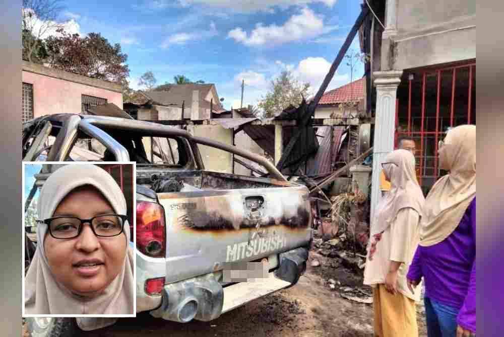 Keadaan rumah dan kenderaan yang turut musnah dalam kebakaran di Kampung Pangkal Gong petang Rabu. Gambar kecil: Salwani