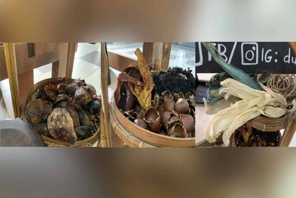 Contoh bahan sisa seperti manggis, delima, kulit buah berangan dan kulit jagung.