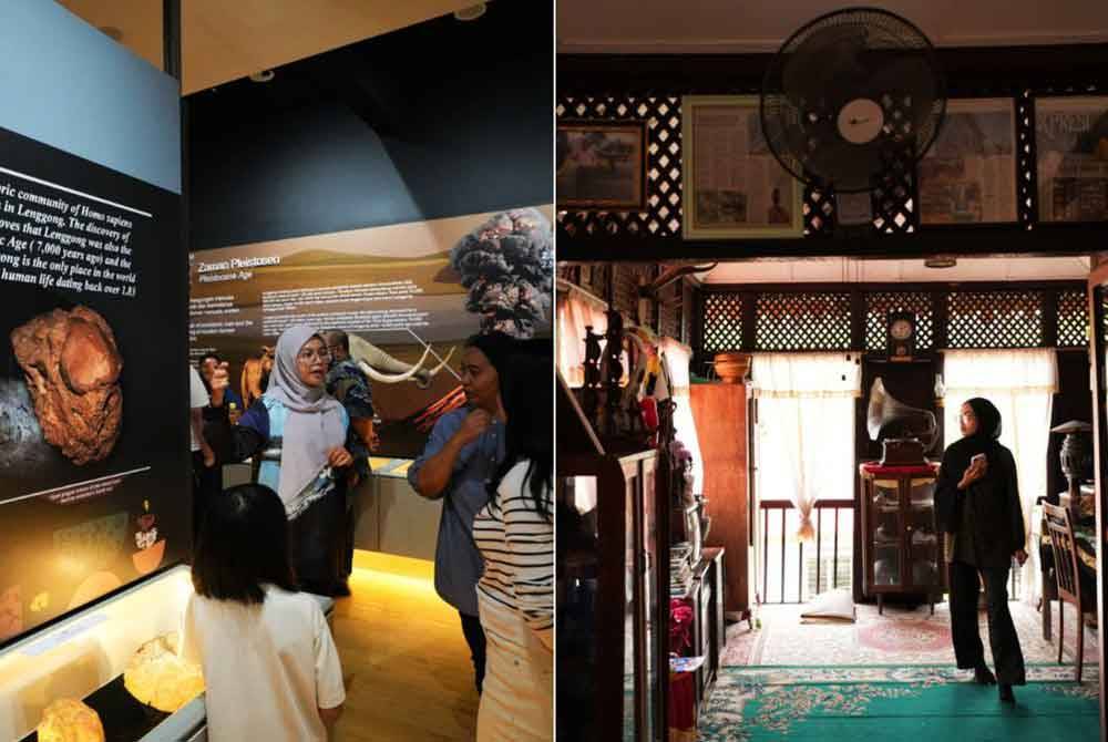 Lawatan sehari turut membawa media ke Galeri Lenggong Geopark. Gambar kanan: Keunikan barangan antik dan tradisional yang boleh dilihat di Galeri Aki Aji.