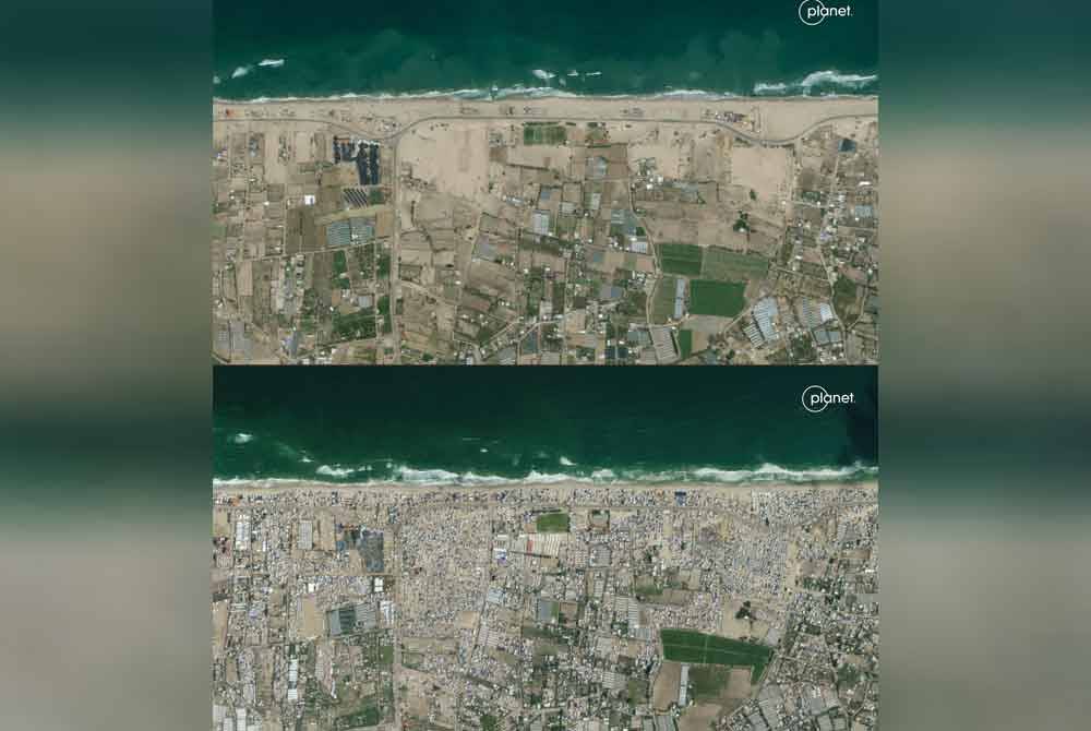 Foto menunjukkan daerah al-Mawasi, barat Khan Yunis di Semenanjung Gaza dan khemah-khemah yang menempatkan penduduk Palestin pelarian secara dalaman di daerah al-Mawasi di barat Khan Yunis. Foto AFP