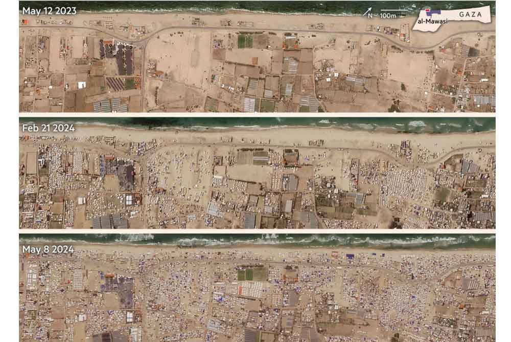 Imej satelit dengan resolusi tinggi dikeluarkan Planet Labs menunjukkan 'zon kemanusiaan' yang ditubuhkan Israel di al-Mawasi sebelum dan selepas Perang Gaza tercetus.