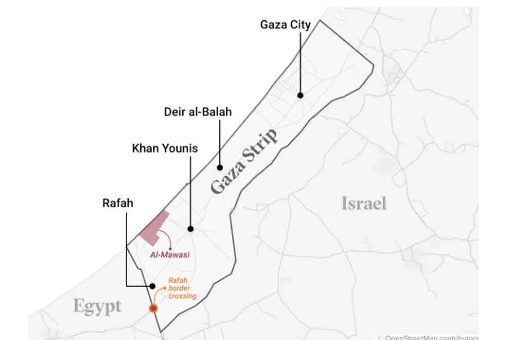 Peta memaparkan kawasan sesak di al-Mawasi yang kini menempatkan lebih 400,000 penduduk Gaza hilang tempat tinggal.