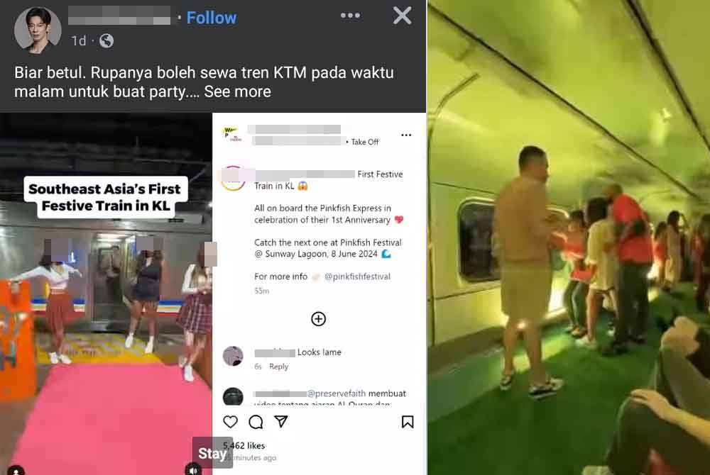 Tangkap layar mengenai penganjuran parti di dalam koc tren KTMB yang tular media sosial.