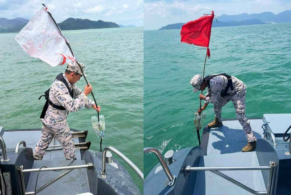 Pasukan bot ronda Maritim menemui bendera berwarna merah dan putih serta botol minuman yang dijadikan pelampung diikat pada pencang kayu di lokasi terbabit.