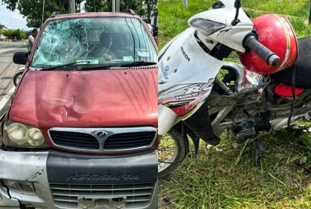Keadaan motosikal dan Perodua Kembara yang terlibat dalam kemalangan tersebut. Foto: Ihsan PDRM