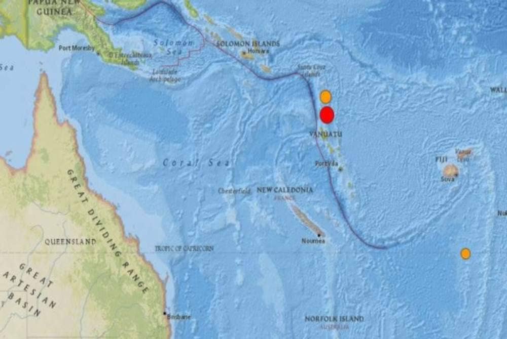 Pusat gempa itu, terletak 17.1 darjah selatan dan 167.9 darjah timur dengan kedalaman 84 km iaitu 744km selatan dari Lata, Solomon Islands. Foto Agensi