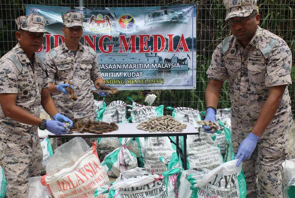 Pasukan Maritim Malaysia menunjukkan daging penyu yang dikeringkan dan balat yang dirampas ketika melakukan rondaan di perairan Kampung Tajau Laut, Kudat.